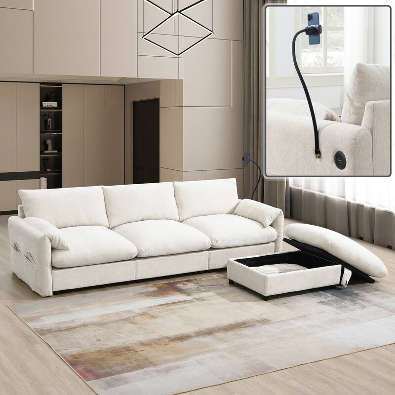 Modern Sectional Sofa with Extra Wide Seats and Charging Console and Storage Ottoman for Living Room and Guest Room