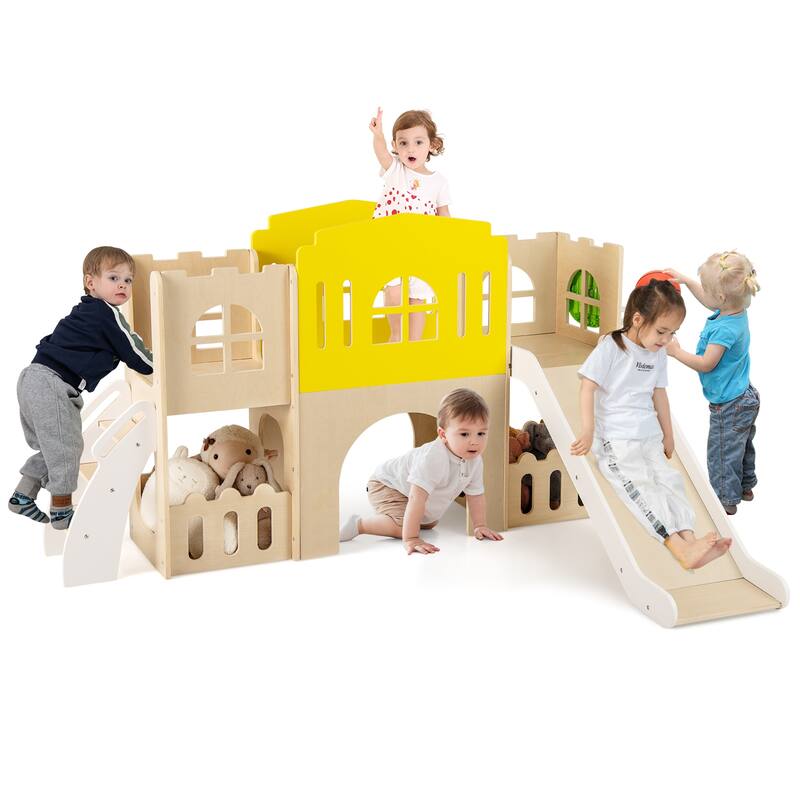 Gymax 7-in-1 Toddler Slide Set Wooden Castle-Shaped Entertainment - Brown - Kids