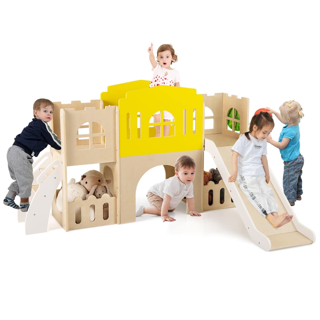 Gymax 7-in-1 Toddler Slide Set Wooden Castle-Shaped Entertainment