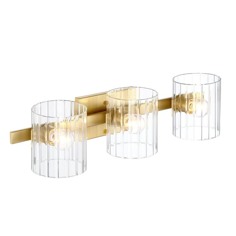 Aries 24.25 in. 3-Light Brushed Gold Transitional Vanity Light with Ribbed Glass Shades