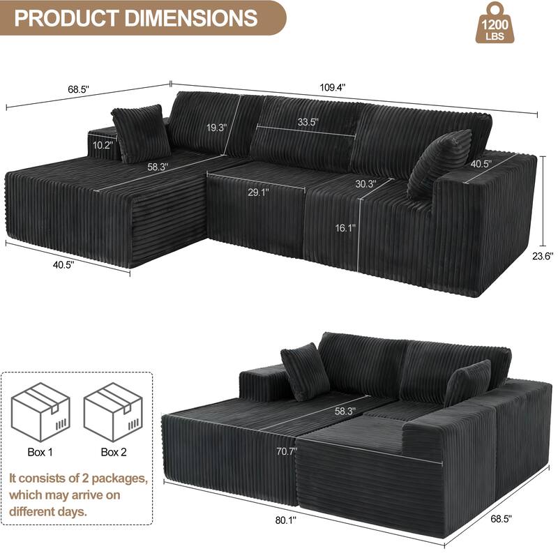 Modern Modular Sectional Sofa with Chaise and Pillows, Deep Seat Cloud L-Shape Couch for Living Room, 3-Seater