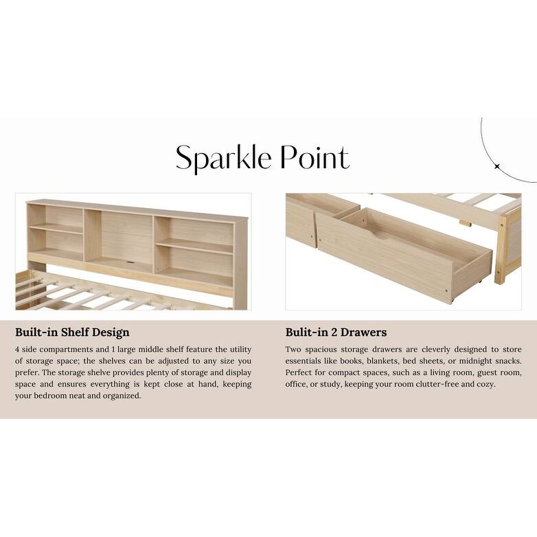 Kids Bookcase Bed Storage Daybed Twin Size Platform Bed with Built-in Convenient Charging Station, Drawers and Shelves