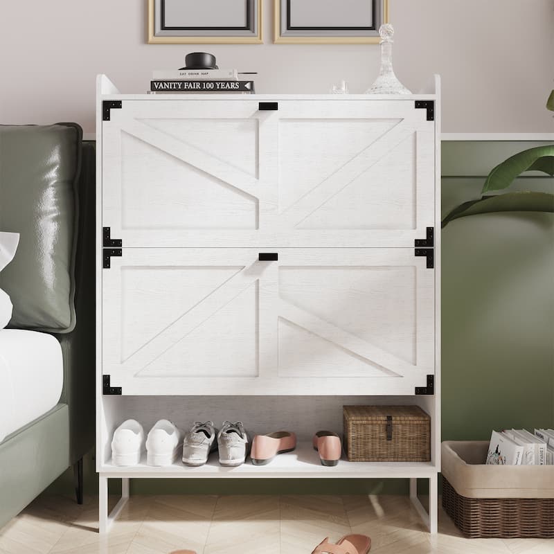 Narrow Rack Shoe Cabinet with 2 Flip Drawers and Open Shelf