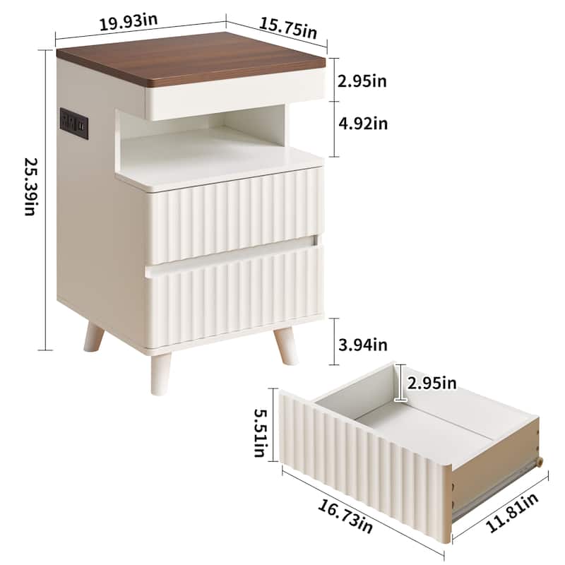 Modern Bedside Table with Gun Drawer,Bedside Table with Charging Station, 2 Drawers and Open Shelf,Side Table for Bedroom