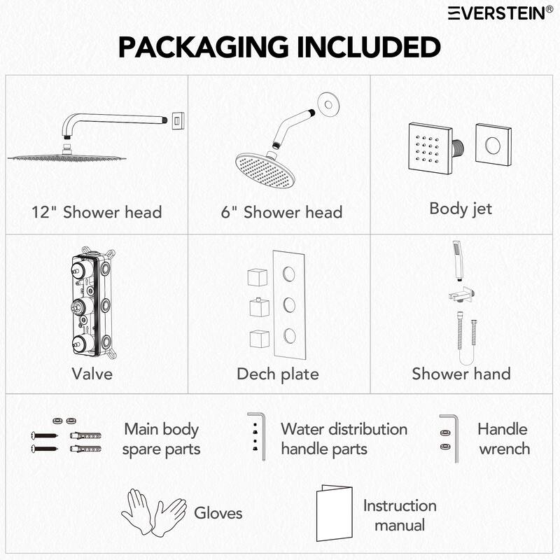 4-Functions Thermostatic Shower System, Wall Mount Shower Faucet Set 12" & 6" Dual Shower Head with 6 Body Jets