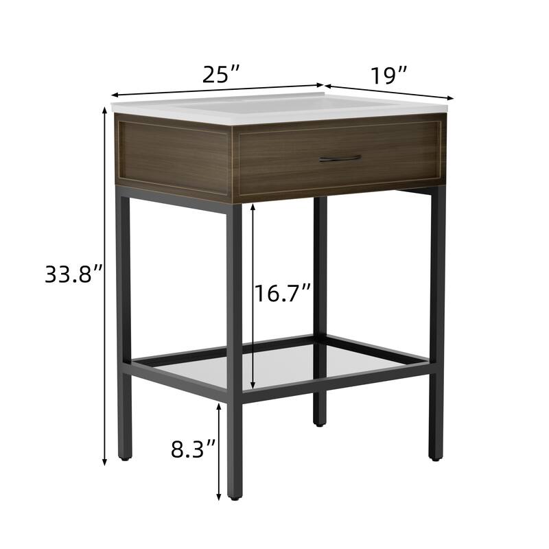 Ansel Freestanding Bathroom Vanity with Single Sink, One Glass Shelf, Metal Legs
