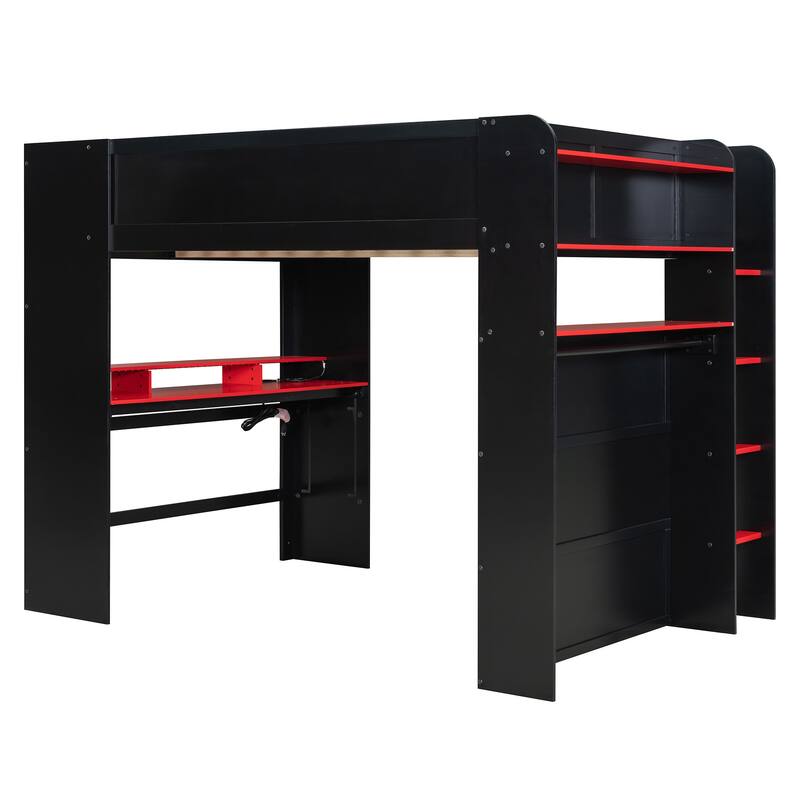 Full Size Wood Bunk Bed with height-adjustable Desk,Wardrobe,Ample Storage Space,and RGB Light