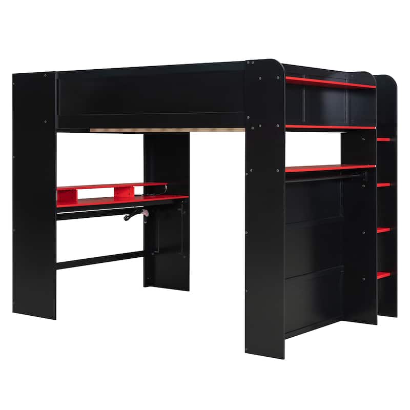 Next-Gen Gamer's Full Size Loft Bed with Adjustable Desk, RGB Lighting, Charging Ports and Storage Space