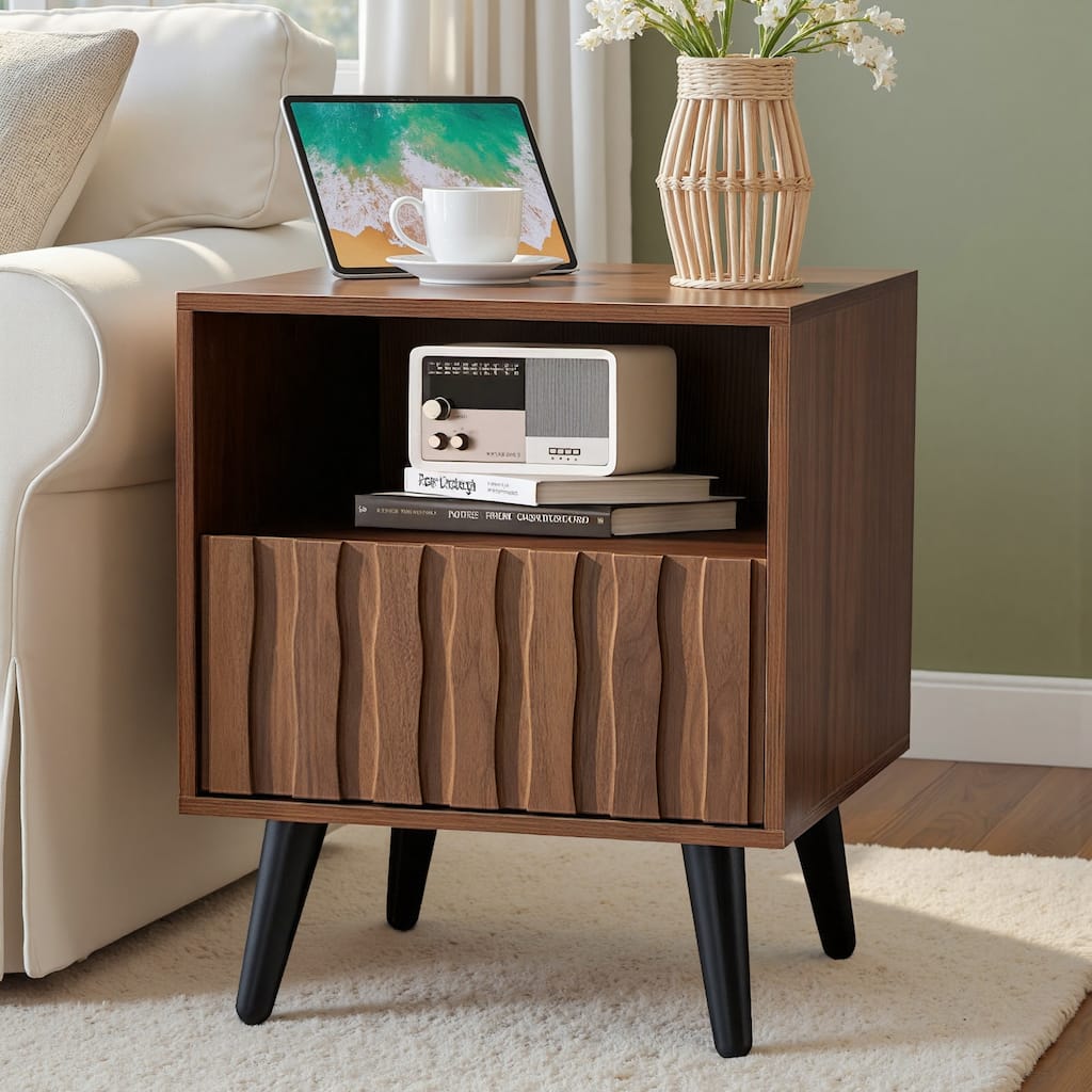 Mid-Century Modern Nightstand, Fluted End Table Drawer & Open Storage