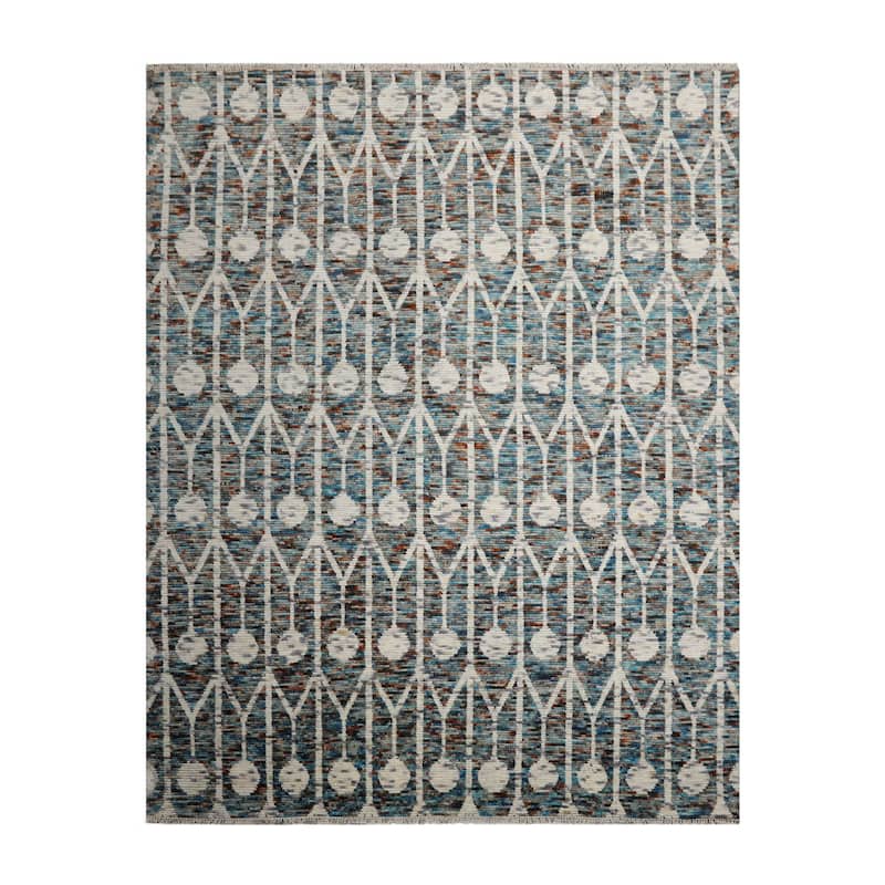 Hand Knotted Ivory, Turquoise Oushak Wool Art Deco Oriental Area Rug - 7' 11'' x 10' 3''