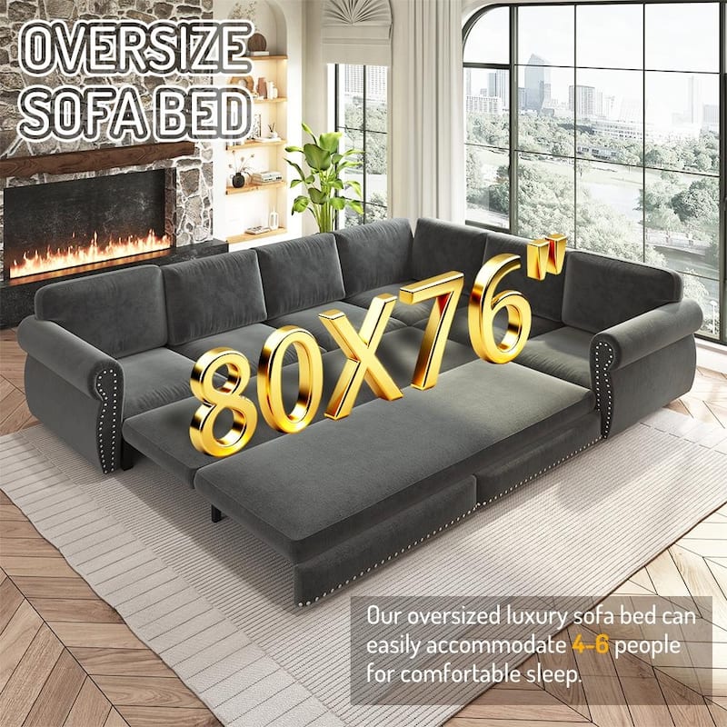 88.2" L-Shaped Sleeper Sectional Sofa with Pull-Out Bed - Chenille Convertible Couch, Nailhead Trim, for Living Room