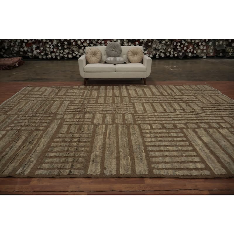 Hand Knotted Oriental 100% Wool Carpet Modern All-Over Brown Moroccan Area Rug - 13' 10'' X 10' 0''