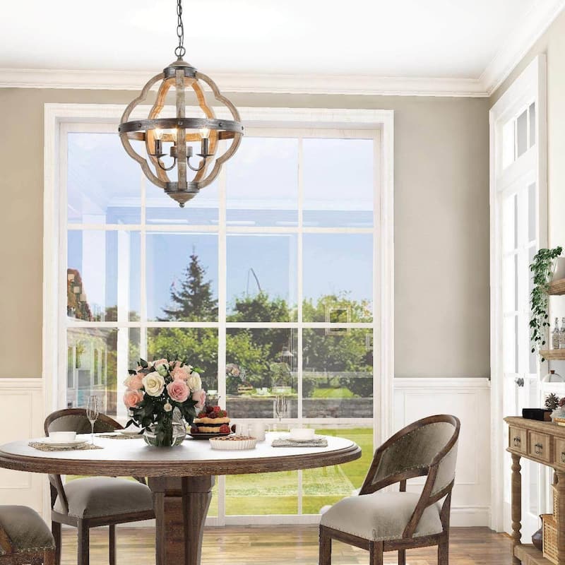 Modern Farmhouse 3-light Antiqued Wood Island Pendant Light Orb Chandelier - W 15"x H 19"