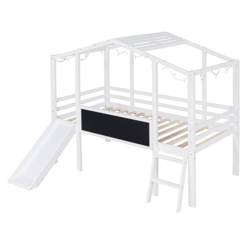 Twin Size House Loft Bed with Slide & Blackboard, Unique Design with Light Strip on Roof, Safe & Fun
