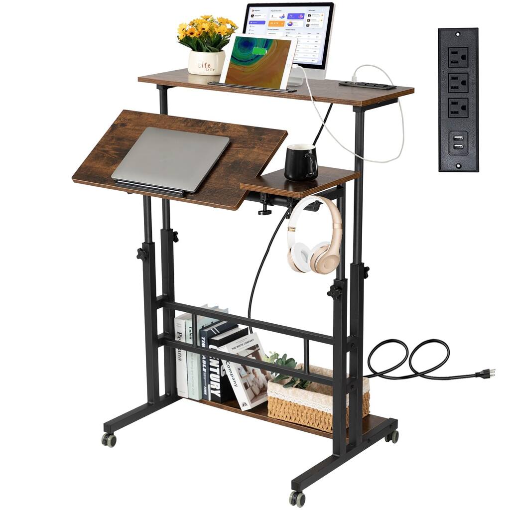 Mobile Standing Desk with Charging Station, Stand Up Laptop Desk Mobile Workstation for Home Office Classroom