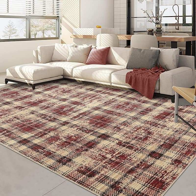 Garvee Earthy Plaid Soft Low Pile Foldable Area Rug