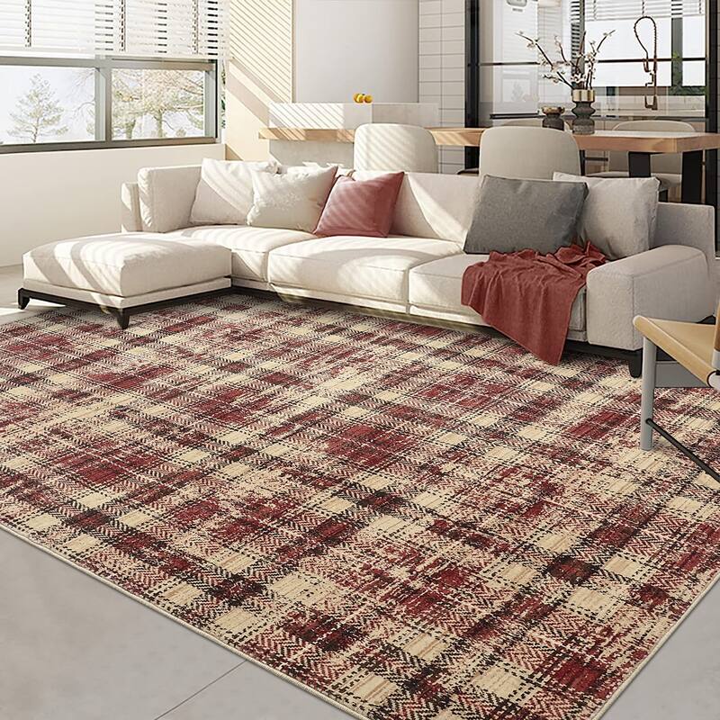 Washable Area Rugs for Living Room Bedroom Modern Plaid Rug Soft Non Slip Low Pile Farmhouse Geometric Rug - 4'x6' - Red