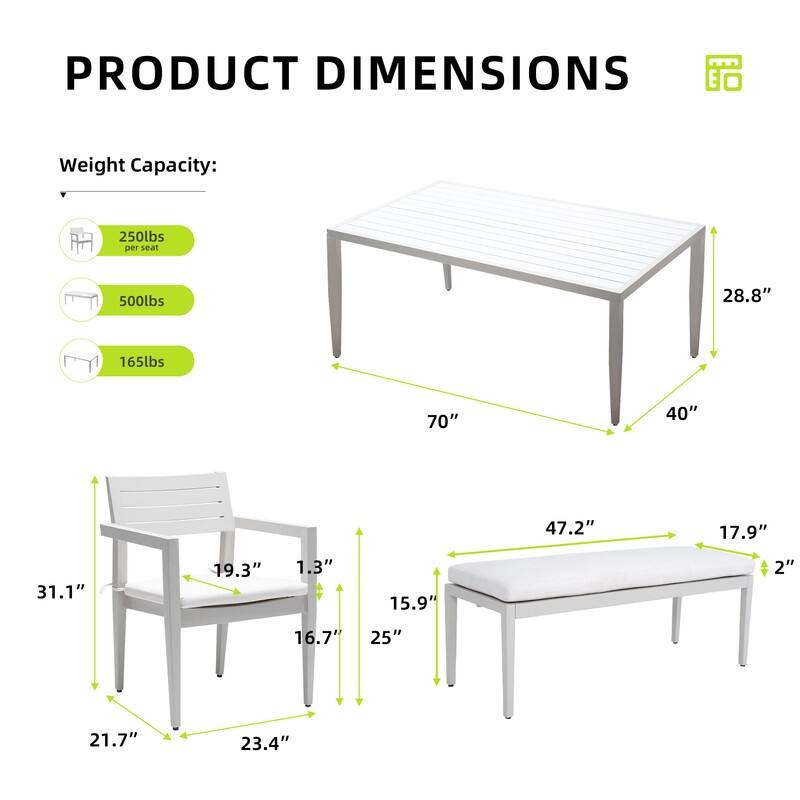 6-Piece Aluminum Patio Dining Set with Sunbrella Cushions – Includes 4 Chairs, 1 Bench & a Two-Tone Table with Umbrella Hole.