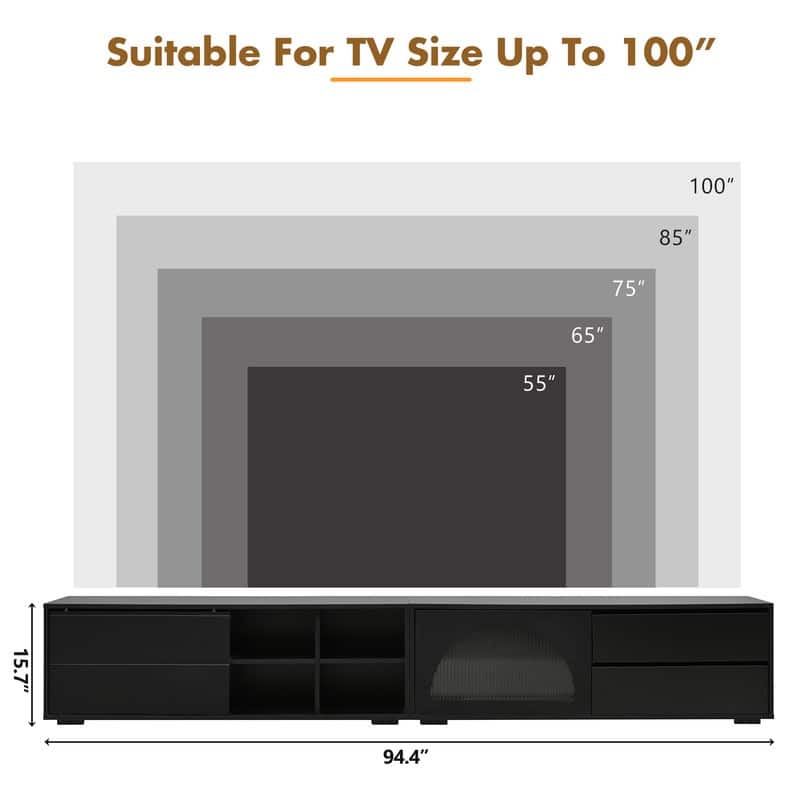 94.4" Modern TV Stand with LED Lights, Fluted Glass Doors & Drawers - Media Console for TVs Up to 100 inches