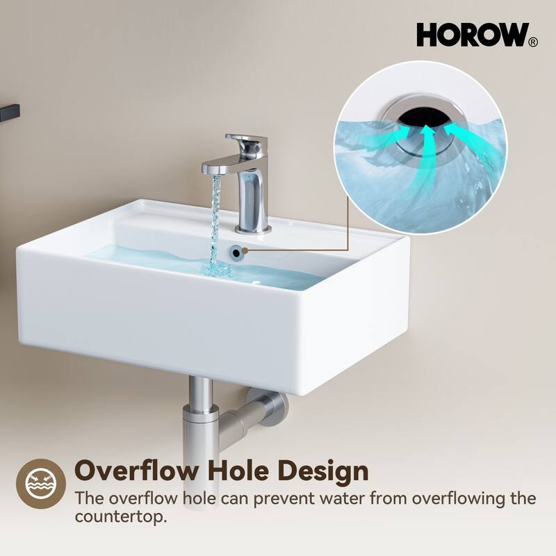 HOROW Rectangular Wall-Mount Install or On Countertop Bathroom Sink 17.72 in. with Single Faucet Hole in White