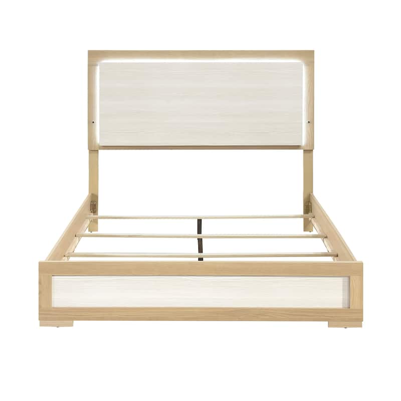 Queen Size Wood Panel Bed with LED Headboard and Contemporary Two-Tone Design