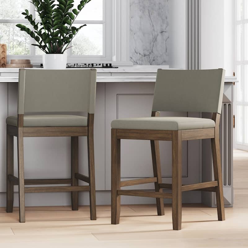 Nathan James Linus Modern Upholstered Bar Stool with Back and Solid Rubberwood Legs - Set of 2 - Light Gray/Dark Brown - Counter Height