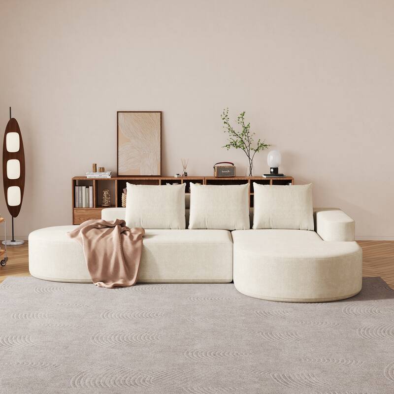 L Shaped Modular Curved Sectional Sofa, Chenille Upholstered 3 Seat Sofa, Corner Sofa with 3 Pillows for Living Room, Bedroom