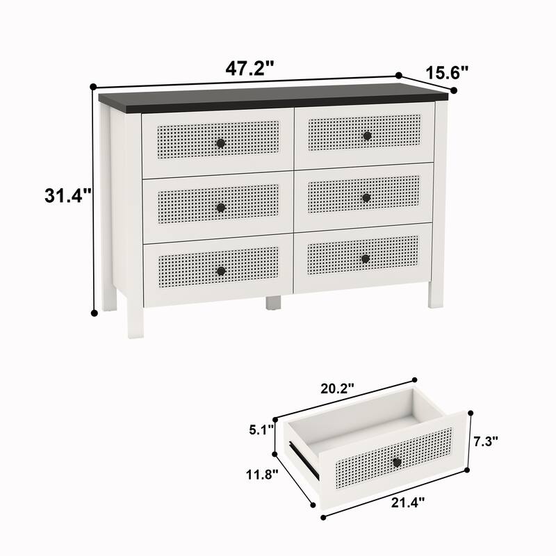 Fluted 6 Drawer Dresser for Bedroom, 47.2 Inch Wide Modern Wooden Chest of Drawers with Metal Handles