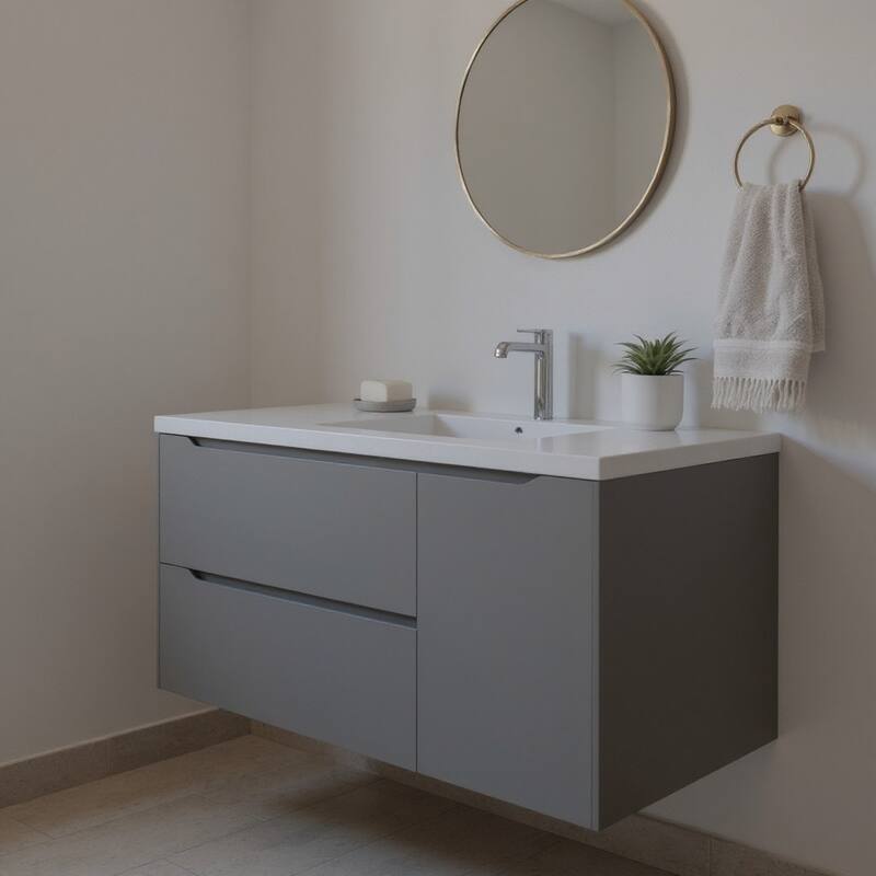 HomeRoots 40" Gray Wood Floating Bathroom Vanity With White Sink And Two Drawers - 40.00 in. x 18.00 in. x 19.00 in. - 40.00 in. x 18.00 in. x 19.00 in. - Matte - Gray