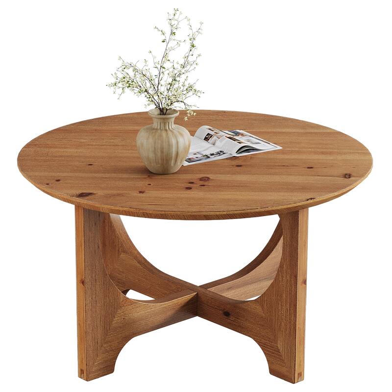 Solid Wood Round Coffee Table, Center Cocktail Accent Table for Living Room
