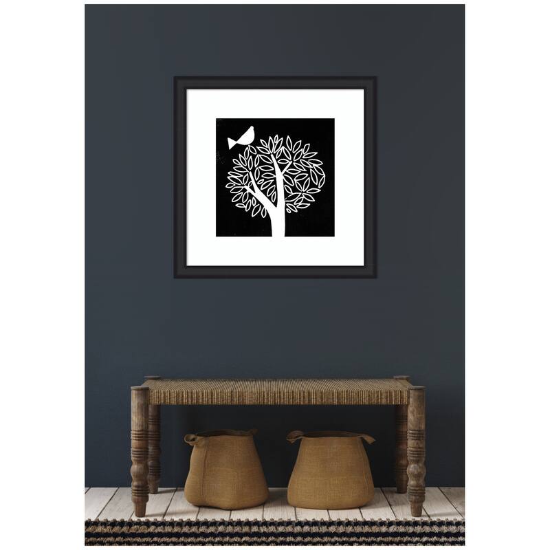 Kate and Laurel Framed Art Black and White Bird Tree Linocut by Giuliana Lazzerini Lazzerini