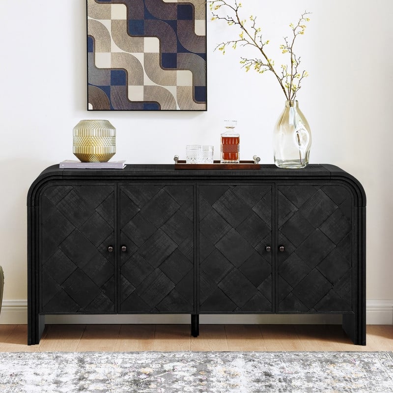 59.8" Luxury Multi-Functional MDF Sideboard with Woven Wood Slat Doors and Tiered Design for Home Storage - Black