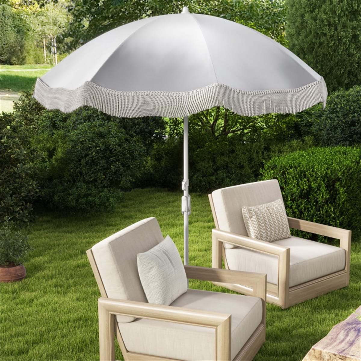6.5-Foot Outdoor Fringe Umbrella with Tilt, Vintage Boho Tassel Design for Patio, Beach, and Garden