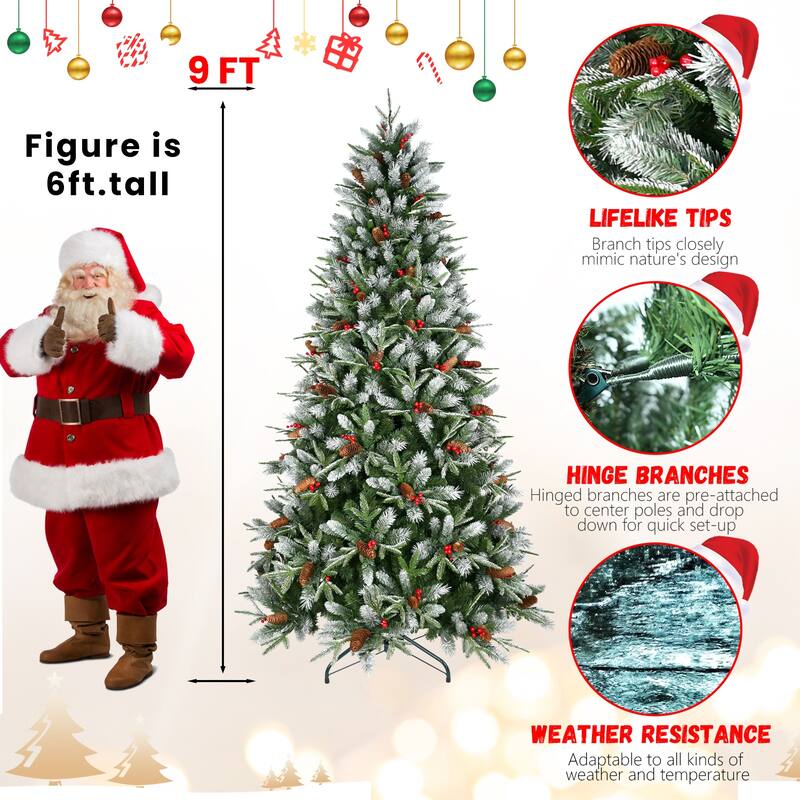 8FT Christmas Tree with 2850 Tips, Red Berries & Pine Cones-Snow-Dusted PE+PVC Branches,Hinged Design for Easy Setup