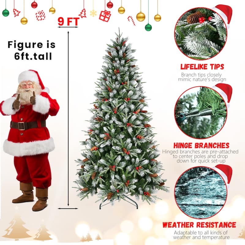 Artificial Christmas Tree - Snow-Dusted PE+PVC Branches, Red Berries, Pine Cones, Hinged Design, Metal Stand - Green,White
