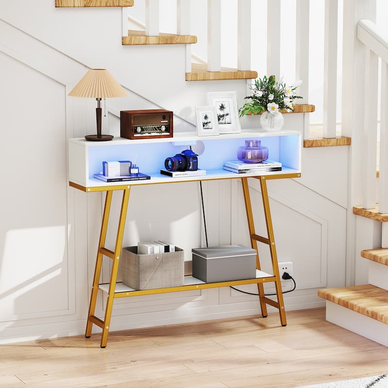 Gymax 40'' Console Table w/ Power Strip 3-Tier Entryway Table w/ RGB
