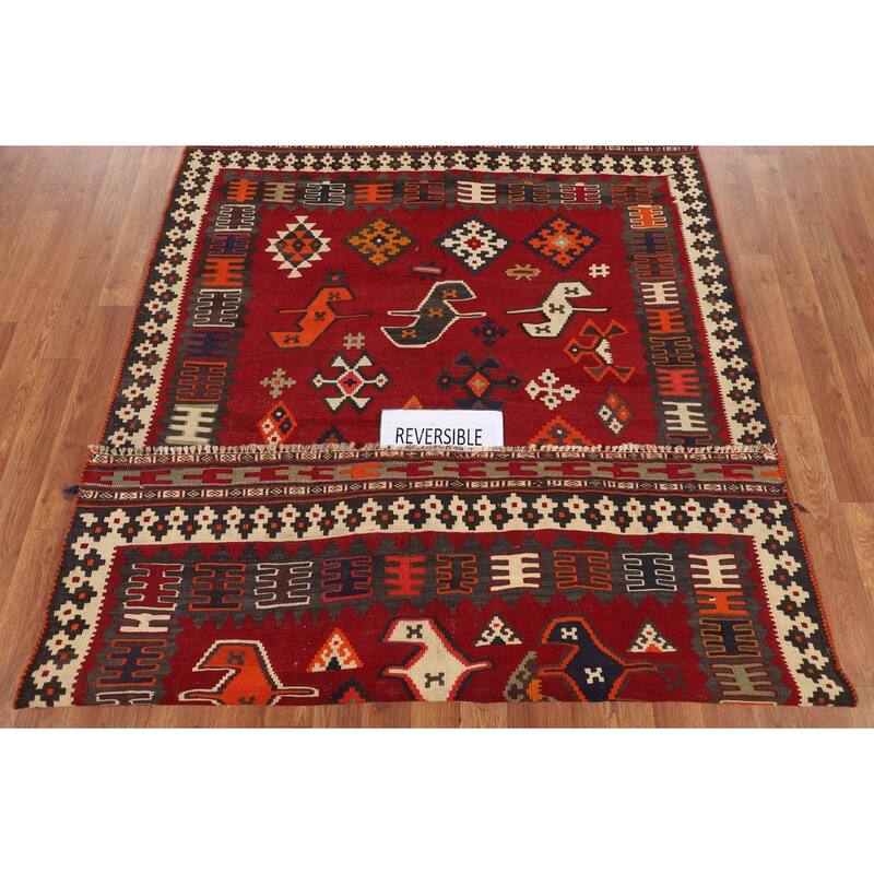 Kilim Qashqai Persian Vintage Area Rug Hand-Woven Red Wool Carpet - 4'8"x 6'7"