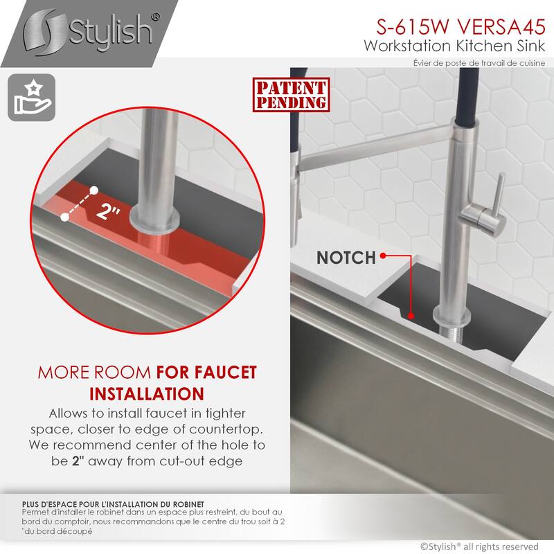 STYLISH 45 inches Ledge Workstation Single Bowl Undermount 16 Gauge Stainless Steel Kitchen Sink with Built in Accessories