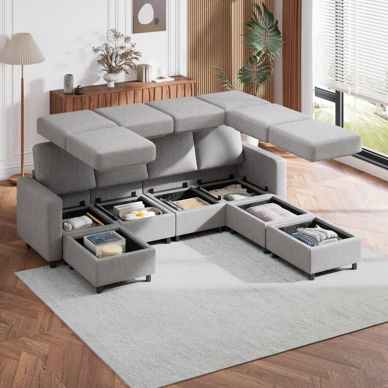 Erommy 6/7-Piece Modular Sectional Sofa – Reversible L-Shaped Couch with Hidden Storage, Space-Saving Living Room Furniture - Light Gray - Reversible