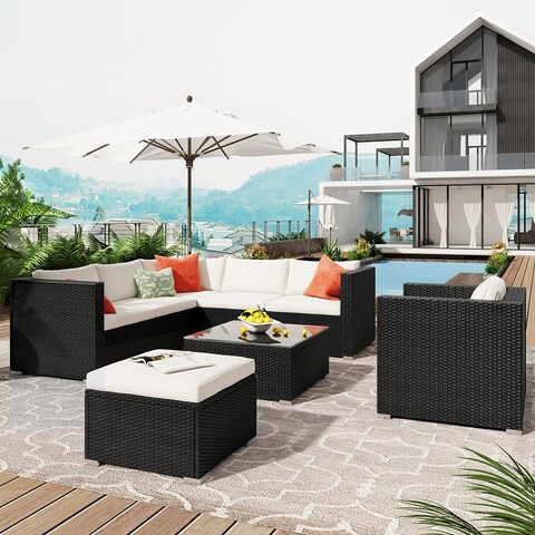 8-Piece Patio Corner Sofa with Cushions, Ottoman and Coffee Table