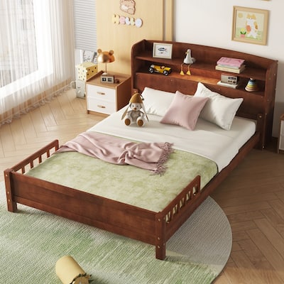 Full Pine Wood Bed with Bookcase Headboard