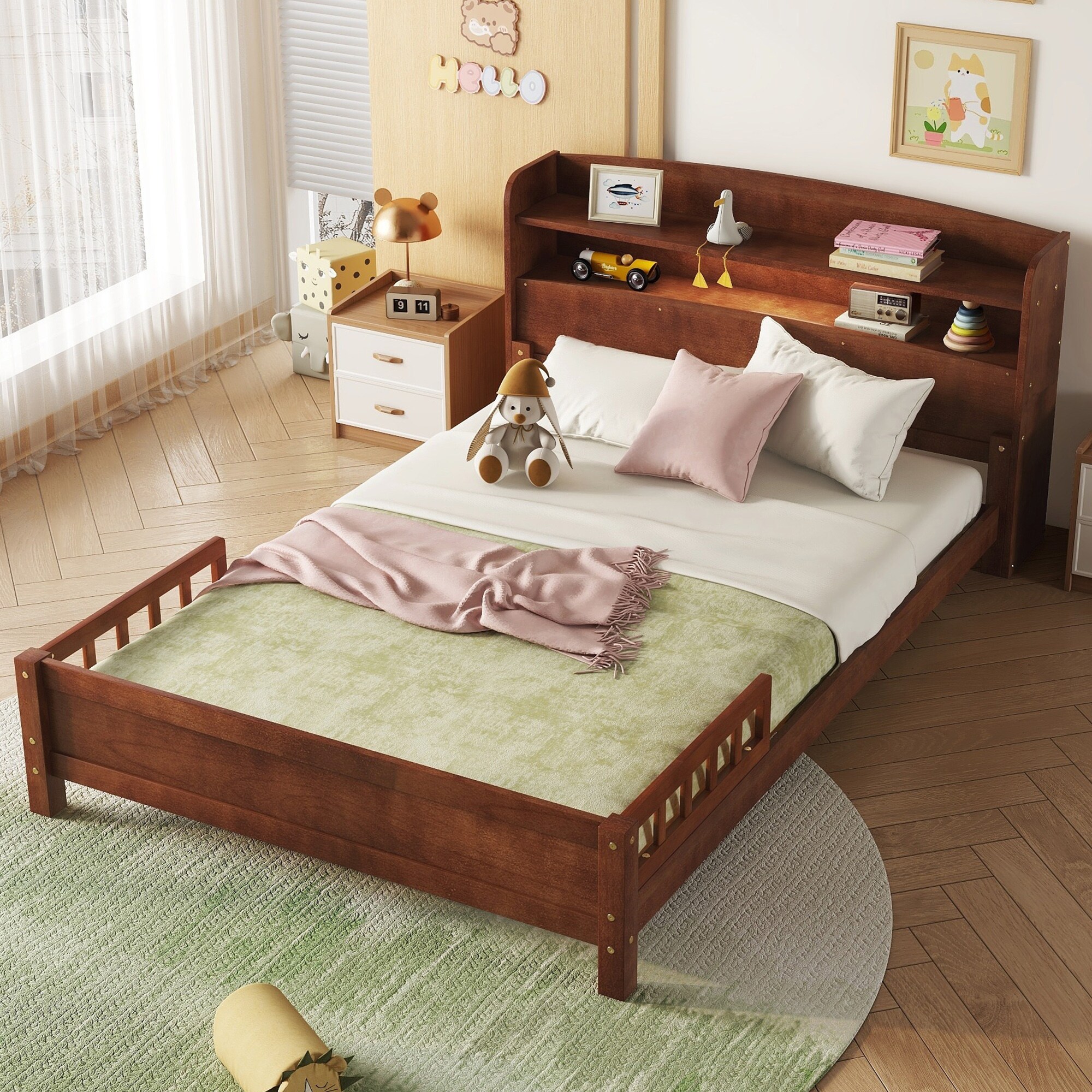 Pine Wood Bed with Bookcase Headboard