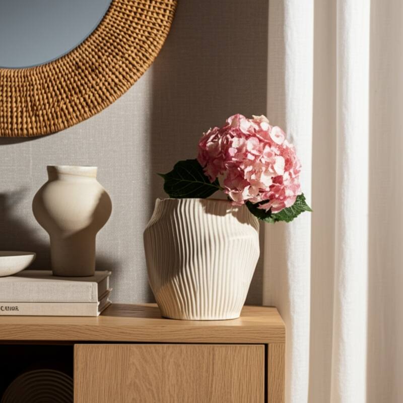 Ceramic Decorative Vase with Ribbed Texture Sculptural Hollow Design
