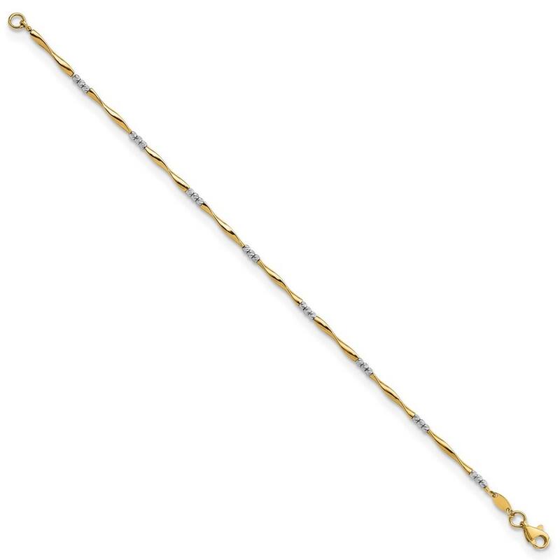 Curata 14k Two tone Gold Polished Sparkle Cut Wavy and Beaded Bracelet 7.5 Inch
