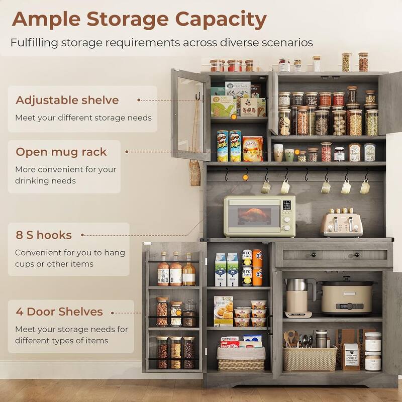 Farmhouse Kitchen Pantry Cabinet Drawer & Doors Adjustable Shelf