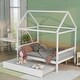 preview thumbnail 6 of 11, White Full Size Wood House Bed with Trundle, Roof and Fence for Kids, Boys and Girls
