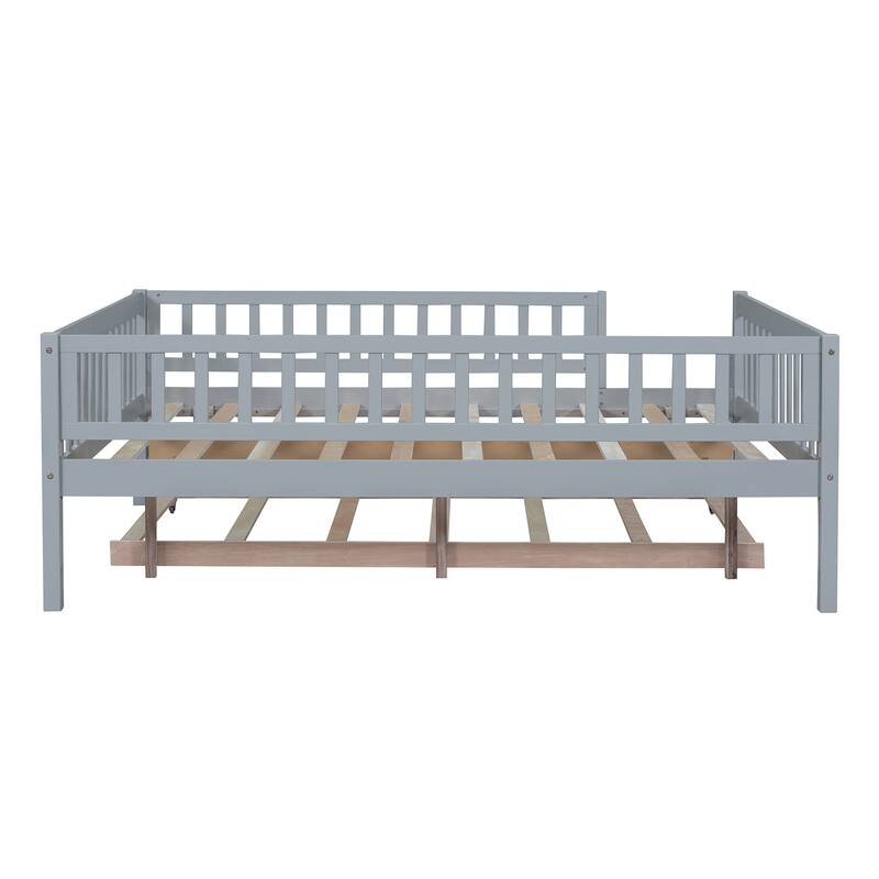 Full Size Wood Daybed with Trundle and Safety Guardrails, Space-Saving Design