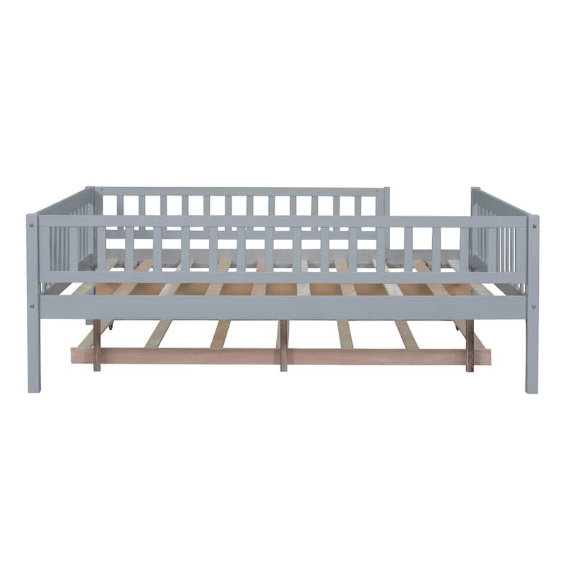 Wooden Twin/Full Daybed with Trundle and Fence Guardrails, No Box Spring Needed