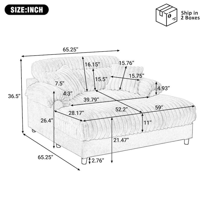 Roomfitters Chaise Lounge Sofa 65.25" Cloud Plush Upholstered Sofa Couch with Two Pillows, Cozy Living Room Furniture