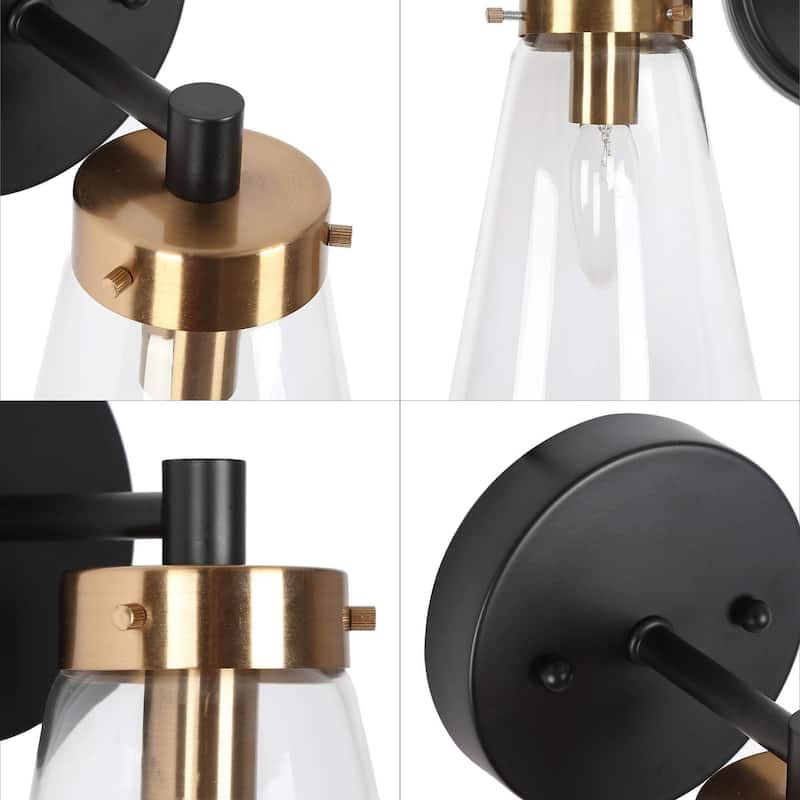Glint 1-Light Black Gold Armed Wall Sconce Clear Glass Bathroom Vanity Light - 5'' L x 6.5'' W x 10'' H
